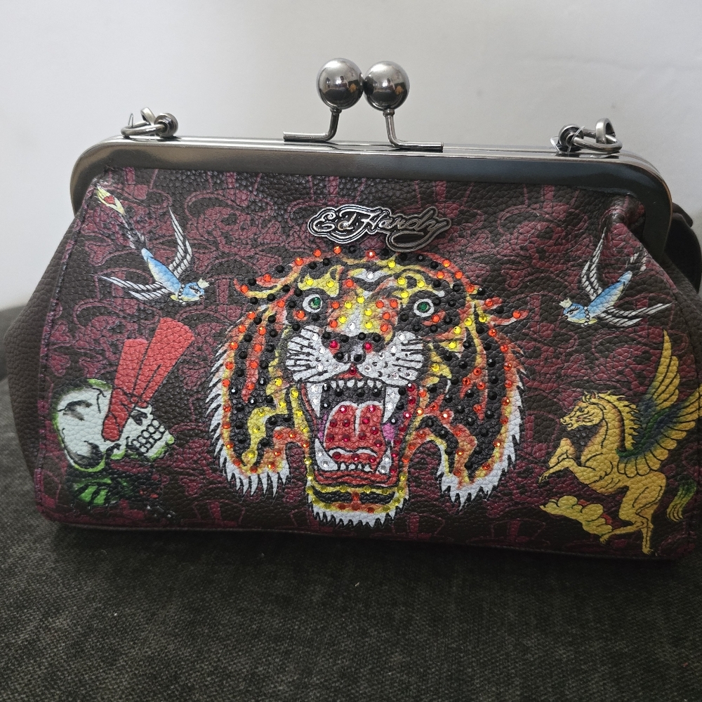 Ed Hardy Burgundy Embroidered Tiger Frame-Top Bag - Picture 6 of 10